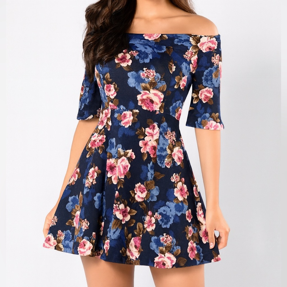 Haute Monde Navy Floral Off-Shoulder Fit & Flare Dress Summer Statement Piece